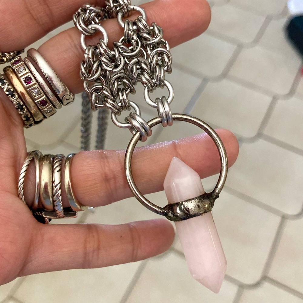 Handmade Genuine light pink rose quartz crystal maille silver boho goth necklace - Picture 6 of 11